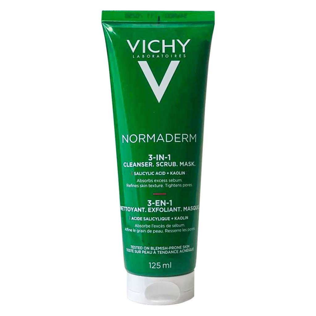 Vichy Normaderm 3 en 1 est un produit pour les peaux grasses à imperfections. Il combine trois actions essentielles : nettoyage, gommage et masque, paraplume