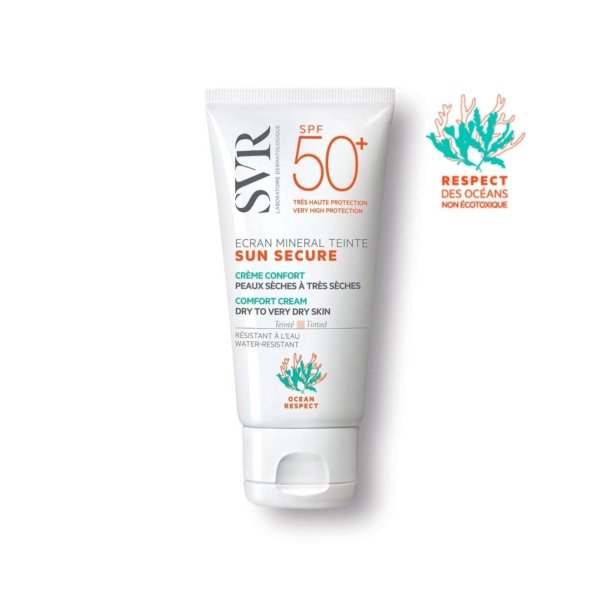 SVR Sun Secure Ecran Minéral Teinté peaux sèches SPF 50+. paraplume