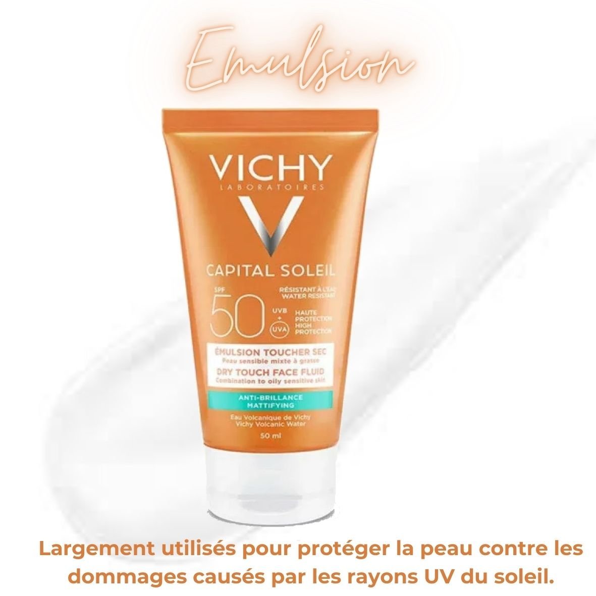 VICHY Capital Soleil Emulsion Toucher Sec SPF 50+. paraplume