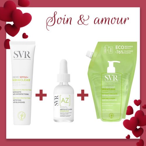 PACK SVR Sebiaclear Ampoule Flash & Crème SPF 50+ & Gel Moussant Recharge . Paraplume