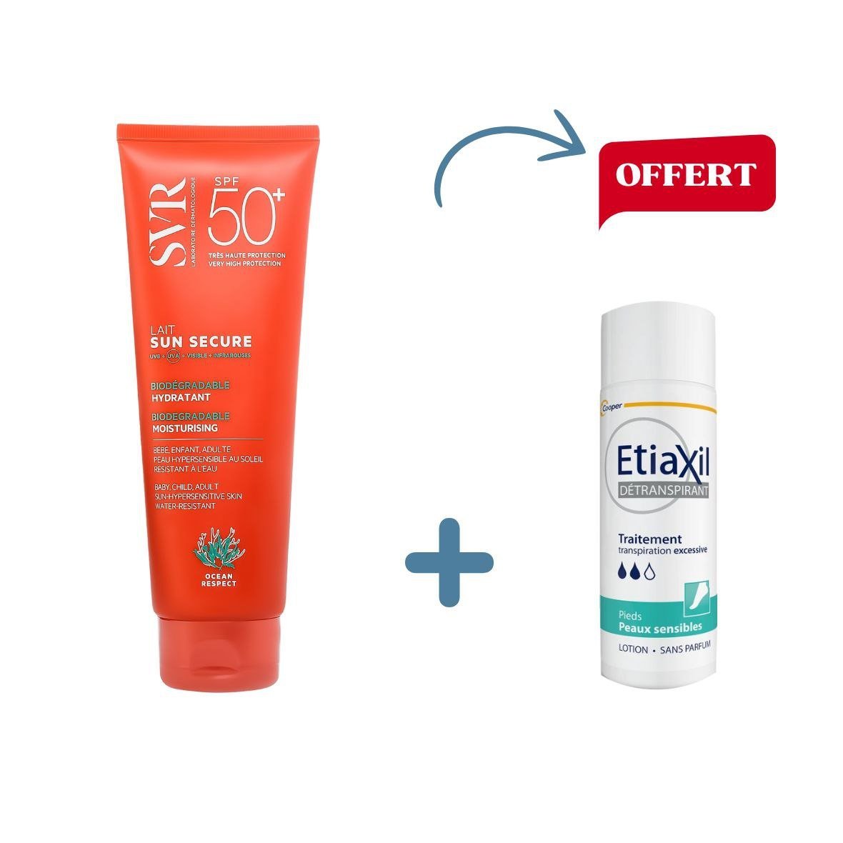 Pack SVR Sun Secure Lait + ETIAXIL Détranspirant Traitement Pieds Offert. Paraplume