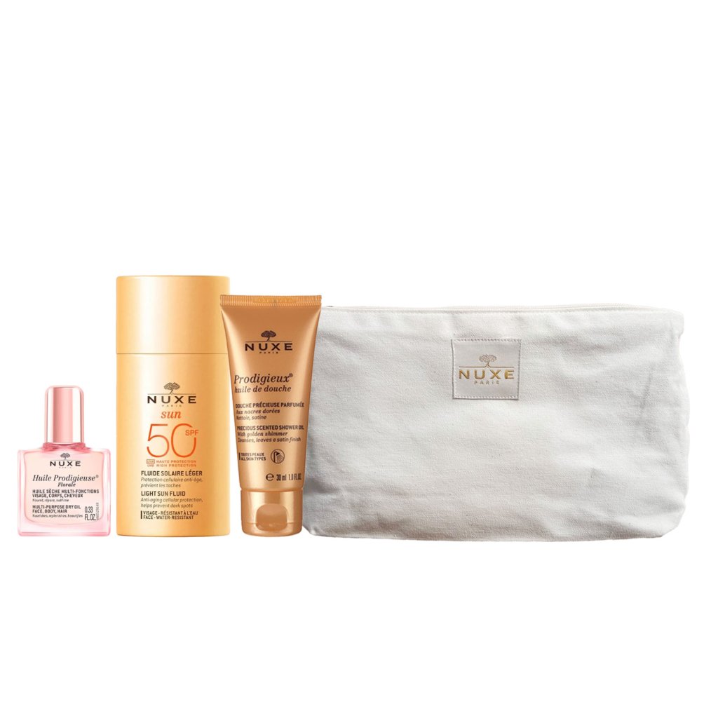 NUXE Sun Trousse Fluide Solaire Léger SPF 50. paraplume