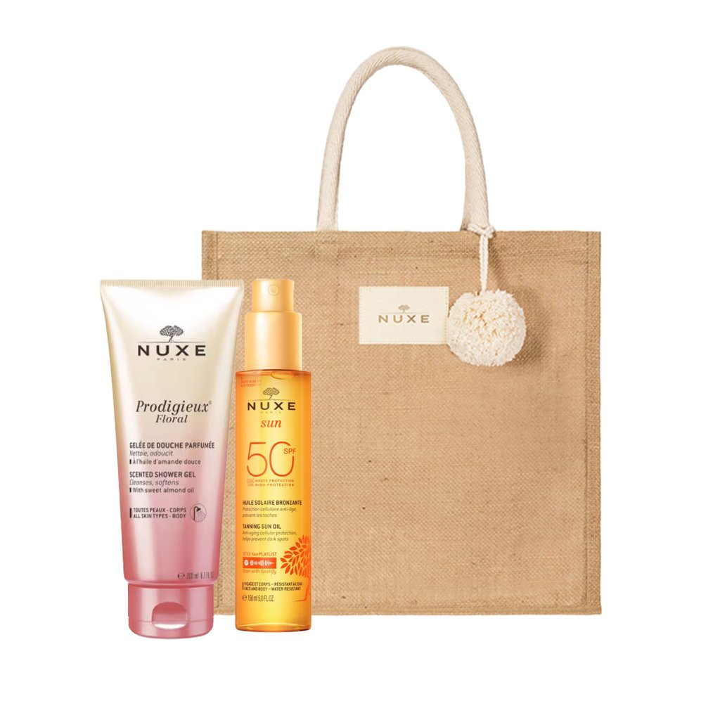 NUXE Sun Sac Huile Bronzante SPF 50 + Prodigieux Floral Gelée De Douche Offerte. paraplume