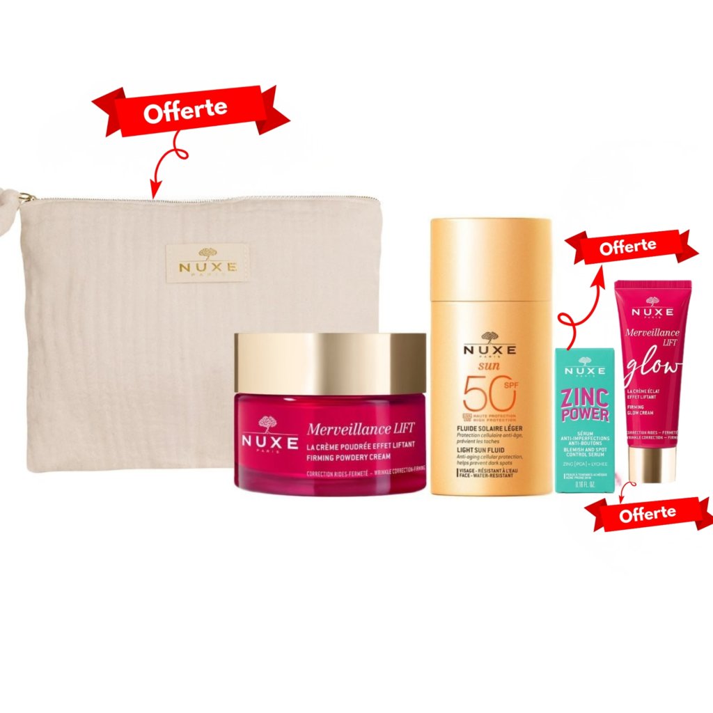 NUXE Trousse Merveillance LIFT La Crème Poudrée & NUXE Sun Fluide Solaire Léger SPF 50. paraplume